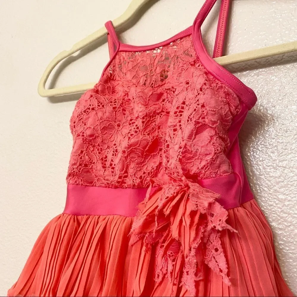 WEISSMAN Dance Costume coral orange lace leotard dress MC medium child 10/12